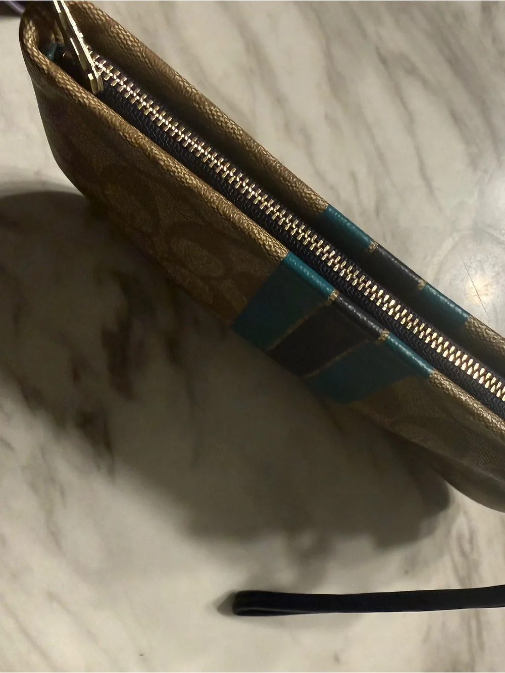 Coach Khaki Signature Wristlet with Teal and Black Stripes